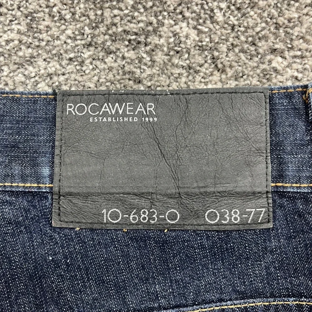 Rocawear Denim Shorts Mens 36 Dark Wash Embroidered Logo Baggy Fit Streetwear